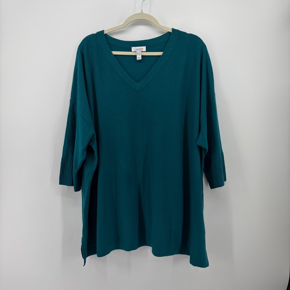 Denim & Co Womens 1X Teal V-Neck Sweater 3/4 Sleeve Relaxed Fit Pullover